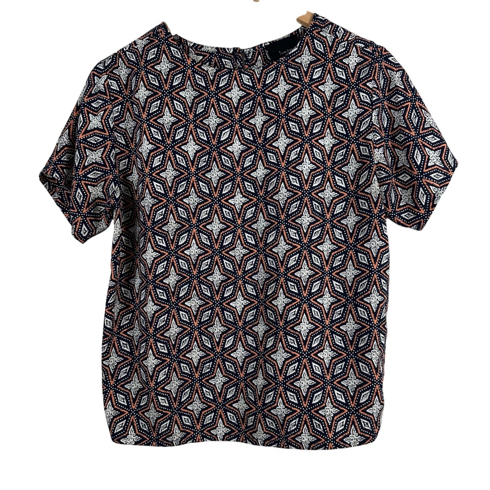 Lumiere Women's Top Black Rustic Orange‎ Geo Round Neck Short Sleeves Size S